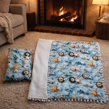 SerSev 3D Dijital Baskı Desenli Çift Taraflı Ponponlu %100 Pamuk Müslin & Pike Bebek Battaniyesi ve Yastık Seti