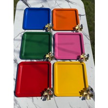 PremiumPort 6’lı Karışık Renkli Kare Kelebek Aksesuarlı Paslanmaz Çelik Kahve Servis Tepsisi