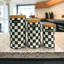 PremiumPort Bambu Görünümlü Kapaklı 3'lü Dama Desenli Metal Kavanoz Seti