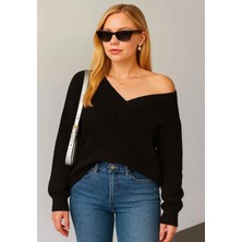 Yuga Knitting Kadın Dökümlü V Yaka Selanik Örgü Basic Kazak