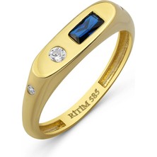 Pırlant Dikdörtgen Mavi Taşlı Serçe Parmak Altın Yüzük