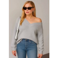 Yuga Knitting Kadın Dökümlü V Yaka Selanik Örgü Basic Kazak