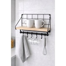 Ahşap Raflı Metal Duvar Askısı | 5 Kancalı | Mutfak & Banyo Organizer Raf