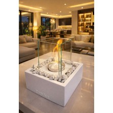 CopArt Quadrata Beyaz Masaüstü Beton Şömine - 1 Lt Bioetanol Yakıt ve Dekoratif Taş Hediye