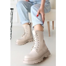 Roof Atelier Kadın Bej Kalın Tabanlı Önden Bağcıklı Bot - Orge