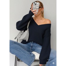 Yuga Knitting Kadın Dökümlü V Yaka Selanik Örgü Basic Kazak