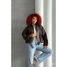 Orions Collection Kadın Oversize Bomber Kemerli Suni Deri Ceket  Kahverengi Modern Tasarım