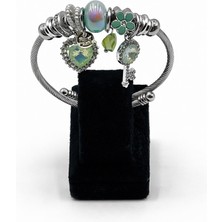 Pangu Yeşil Taş ve Anahtar Detaylı Gümüş Renk Çelik Charm Bileklik