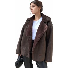 Orions Collection Else Acı Kahve Süet Dokulu Içi Peluş Kürklü Oversize Zr Model Mont Kaban