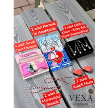 Vexa Aksesuar Sevgiliye Hediye Seti Çift Anahtarlık, Love Flowers Çelik Kolye & Bileklik Seti, Marteniçka Bileklik