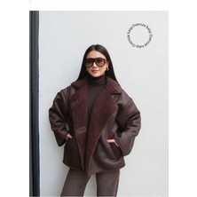 Orions Collection Oversize Kadın Kahve Düğmeli Süet Ceket Cepli, Trend Günlük Model