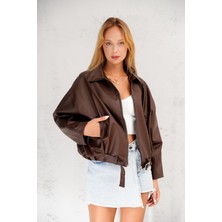 Orions Collection Oversize Bomber Kemerli Fermuarlı Deri Ceket