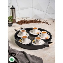 PremiumPort 37CM Ahşap Kulplu Siyah Metal Yuvarlak Sunum Tepsisi