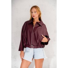 Orions Collection Oversize Bomber Kemerli Fermuarlı Deri Ceket