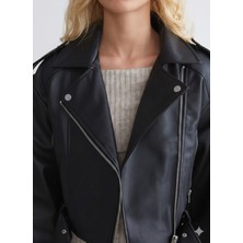 Orions Collection Deri Kadın Siyah Belden Kemerli Astarlı Deri Ceket