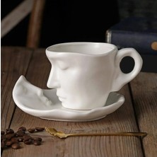 PremiumPort Şekilli 110 ml Yüz Tasarımlı Beyaz Fincan ve Tabak Takımı