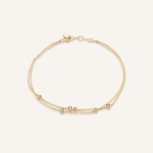 Aja Serine Bezel Çok Taşlı Çift Zincir Altın Bileklik