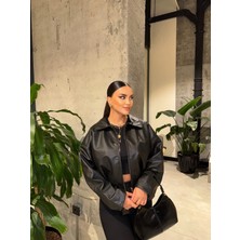 Orions Collection Siyah Kemer Detay Oversize Deri Ceket