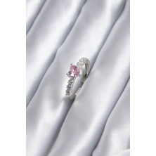 Moresun Buğz Gümüş Renk Zirkon Taşlı Pembe Kristal Kalp Model Kadın Yüzük