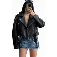 Orions Collection Yeni Sezon Oversize Kadın Siyah Kemerli Biker Deri Ceket Trend Model