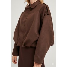 Orions Collection Yeni Sezon Kadın Kahverengi Süet Etkili Bomber Ceket Oversize, Günlük & Trend Model