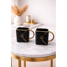 Yzhome 2 Li Lüks Porselen Yaldızlı Gold Detaylı Çanta Kupa Bardak Özel Tasarım 250ML