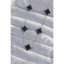 Moresun Buğz 316L Çelik Gümüş Renk Siyah Mineli Yonca Kolye