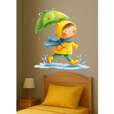 Aysha Tasarım Dekoratif Duvar Sticker – Şemsiyeli Koşan Çocuk Figürlü Yağmur Temalı Çocuk Odası Duvar Sticker