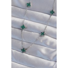 Moresun Buğz 316L Çelik Gümüş Renk Minimal Yeşil Mineli Yonca Kolye