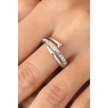 Moresun Buğz Gümüş Renk Taşlı Çivi Ayarlanabilir Kadın Yüzük