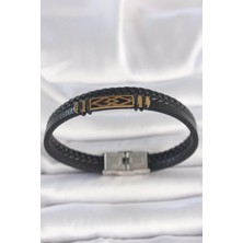 Moresun Buğz 316L Çelik Gold Renk Aksesuarlı Çift Sıra Siyah Burgu Desenli Deri Kordon Erkek Bileklik