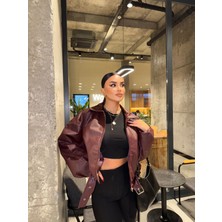 Orions Collection Bordo Kemer Detay Oversize Deri Ceket