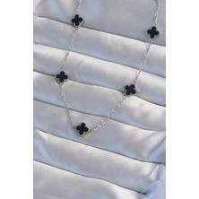 Moresun Buğz 316L Çelik Gümüş Renk Minimal Siyah Mineli Yonca Kolye