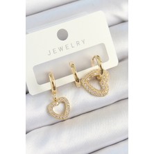 Moresun Buğz Pirinç Zirkon Taşlı Kalp Model Gold Renk 3'lü Çift Kadın Küpe Set