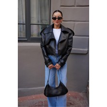 Orions Collection Siyah Parça Detaylı Tasarım Kısa Deri Trençkot