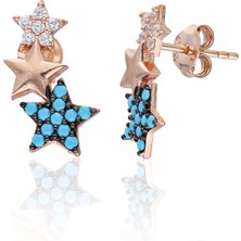 By Barun Gümüş Yıldız Küpe Kadın Firuze Mavi Taşlı 925 Ayar