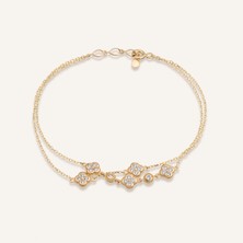 Aja Fluxora Çiçek Motifli Çok Taşlı Çift Zincir Altın Bileklik