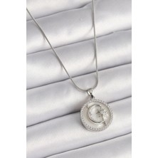 Alvo Store Buğz 316L Çelik Gümüş Renk Zincir Zirkon Taş Detaylı Beyaz Sedefli Ay Yıldız Işleme Kadın Kolye