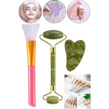 Gampus 2'li Yeşim Taşı Rulolu Set & Silikon Jel Maske Makyaj Fırçası 3 Parça Yüz Masaj Aleti Güzellik Taşı