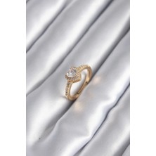Alvo Store Buğz Pirinç Gold Renk Zirkon Taşlı Kalp Charm Model Kadın Yüzük