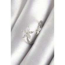 Alvo Store Buğz Pirinç Gümüş Renk Zirkon Taşlı Çiçek Model Kalp Detay Kadın Yüzük