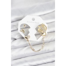 Alvo Store Buğz Kalp Yıldız Model Pirinç Gold Renk Zincir Bağlantılı Ear Cuff Küpe Seti