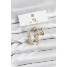 Alvo Store Buğz Pirinç Gold Renk Zirkon Taşlı Yıldız Vintage Model Ysx Trio Küpe Seti