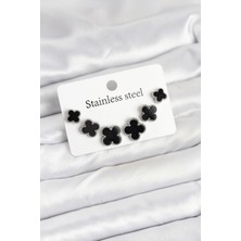 Moresun Buğz 316L Çelik Gümüş Siyah Renk 3 Boy Yonca Küpe Seti