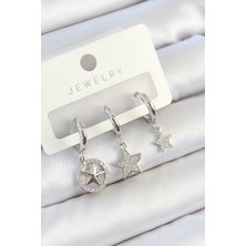 Moresun Buğz Pirinç Zirkon Taşlı Yıldız Model Gümüş Renk 3'lü Çift Kadın Küpe Set