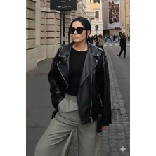 Orions Collection Elvera Oversize Uzun Kadın Siyah Deri Ceket