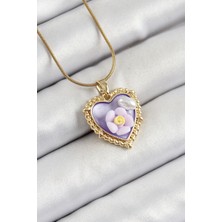 Moresun Buğz 316L Çelik Zincir Mor Sanatsal Portre Inci Detaylı Papatya Figürlü Kalp Model Gold Renk Kadın Kolye