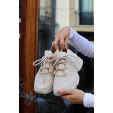 BeBeQ Cristina Bej Triko Bağcıklı Delikli Parlak Yüksek Taban Günlük Kadın Sneaker Spor Ayakkabı