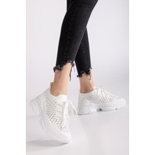 BeBeQ Cristina Beyaz Triko Bağcıklı Delikli Parlak Yüksek Taban Günlük Kadın Sneaker Spor Ayakkabı