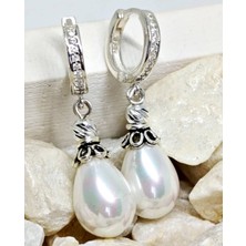 Lilahgümüştr Gümüş Damla Inci Halka Taşlı Küpe